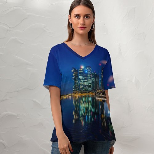 yanfind V Neck T-shirt for Women Anek Suwannaphoom Singapore Marina Bay Sands Downtown Cityscape City Lights Night Reflections Summer Top  Short Sleeve Casual Loose