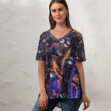 yanfind V Neck T-shirt for Women Joe DeSousa Dubai Cityscape Aerial Skyscrapers City Lights Night HDR Hour Summer Top  Short Sleeve Casual Loose