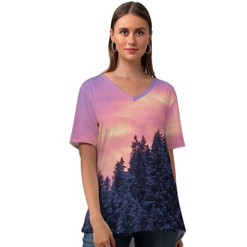 yanfind V Neck T-shirt for Women Bruno Glätsch Snow Covered Tall Trees Sunset Afterglow Winter Purple Sky Scenery Summer Top  Short Sleeve Casual Loose