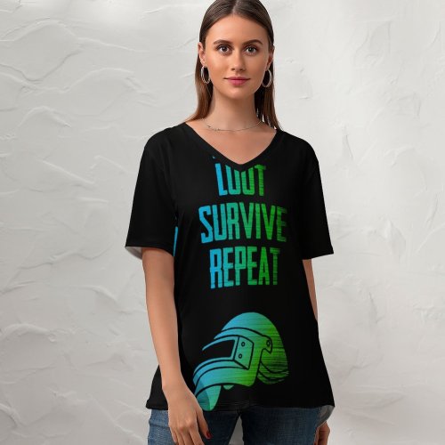 yanfind V Neck T-shirt for Women Black Dark Quotes Games PUBG Survive Loot Repeat PUBG Helmet Summer Top  Short Sleeve Casual Loose