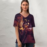 yanfind V Neck T-shirt for Women Autumn Night Glitter Illuminated Public Wallpapers Fire Supernatural Mystical Dark Sparkle Summer Top  Short Sleeve Casual Loose