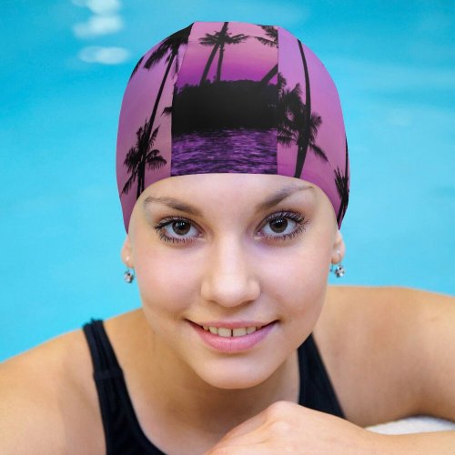 yanfind Swimming Cap Xevi Planas Purple Sunrise Clear Sky Palm Trees Scenery Backwaters Sky Elastic,suitable for long and short hair
