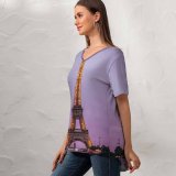 yanfind V Neck T-shirt for Women Denys Nevozhai Eiffel Tower Paris France Evening Purple Sky Lights Iconic Summer Top  Short Sleeve Casual Loose