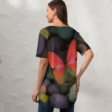 yanfind V Neck T-shirt for Women Butterfly Stones Colorful Focus Pebbles Summer Top  Short Sleeve Casual Loose