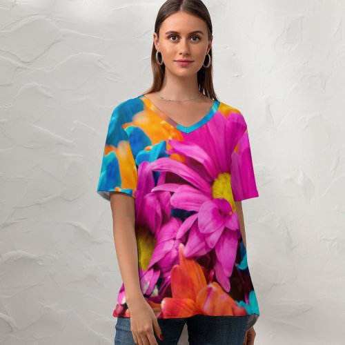 yanfind V Neck T-shirt for Women Flowers Dahlia Flowers Colorful Bloom Vibrant Summer Top  Short Sleeve Casual Loose