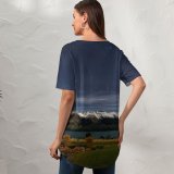 yanfind V Neck T-shirt for Women Dominic Kamp Lake Wakatipu Queenstown Zealand Glacier Mountains Mountain Range Snow Covered Summer Top  Short Sleeve Casual Loose