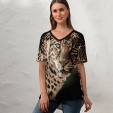 yanfind V Neck T-shirt for Women Black Dark Leopard Wildcat Wildlife Closeup Summer Top  Short Sleeve Casual Loose