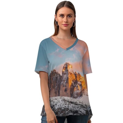 yanfind V Neck T-shirt for Women Daniel Seßler Tre Cime Di Lavaredo Italy Mountain Range Rock Formations Snow Summer Top  Short Sleeve Casual Loose