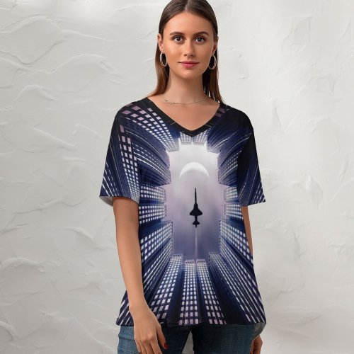 yanfind V Neck T-shirt for Women Chiara Lily Jet Fighter Moon Buildings Summer Top  Short Sleeve Casual Loose
