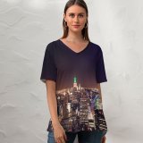 yanfind V Neck T-shirt for Women York City Cityscape Lights Night Time Horizon Exposure Landmark Aerial Rockefeller Center Summer Top  Short Sleeve Casual Loose