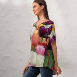 yanfind V Neck T-shirt for Women Flowers Tulip Flowers Multicolor Colorful Tulips Field Purple Beautiful Flower Garden Summer Top  Short Sleeve Casual Loose