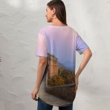 yanfind V Neck T-shirt for Women Great Wall China Jinshanling Sunrise Summer Top  Short Sleeve Casual Loose