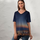 yanfind V Neck T-shirt for Women Crevisio Monaco Yacht Show Cityscape City Lights Night Time Ocean Seascape Sunset Summer Top  Short Sleeve Casual Loose