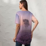 yanfind V Neck T-shirt for Women Simon Van Ooijen Lavender Fields Purple Foggy Landscape Tree Sunrise Summer Top  Short Sleeve Casual Loose