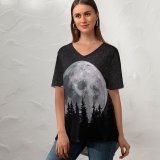 yanfind V Neck T-shirt for Women Black Dark Moon Forest Night Dark Starry Sky Summer Top  Short Sleeve Casual Loose