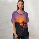 yanfind V Neck T-shirt for Women Aziz Acharki Sunset Silhouette Hoodie Evening Dusk Twilight Horizon Alone Summer Top  Short Sleeve Casual Loose