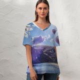 yanfind V Neck T-shirt for Women Andrés Nieto Porras Hot Air Balloon Mountains Lake Sunrays Sun Light Clouds Summer Top  Short Sleeve Casual Loose