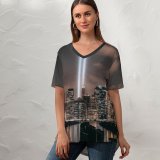 yanfind V Neck T-shirt for Women Lerone Pieters Brooklyn Cityscape Night City Lights York City USA Summer Top  Short Sleeve Casual Loose