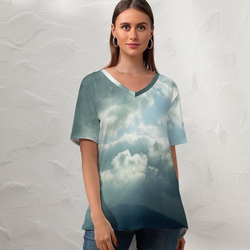 yanfind V Neck T-shirt for Women Storm Stormy Cloudy Dark Grey Light Rays Sun Sunny Sky Cloud Atmosphere Summer Top  Short Sleeve Casual Loose