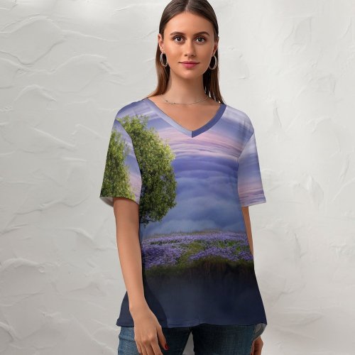 yanfind V Neck T-shirt for Women Fantasy Girl Dream Surreal Floating Lone Tree Above Clouds Sunrise Summer Top  Short Sleeve Casual Loose
