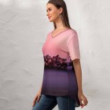 yanfind V Neck T-shirt for Women Everaldo Coelho Lighthouse Hour Beacon Purple Sky Rocks Seashore Sunset Summer Top  Short Sleeve Casual Loose