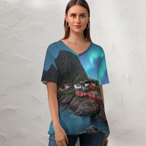 yanfind V Neck T-shirt for Women Lofoten Islands Aurora Borealis Landscape Night Stars Mountain Sky Summer Top  Short Sleeve Casual Loose