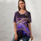 yanfind V Neck T-shirt for Women Denys Nevozhai Interchange Roads Intersection Cityscape Aerial Night Time City Lights Purple Summer Top  Short Sleeve Casual Loose