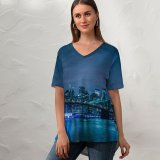 yanfind V Neck T-shirt for Women Brooklyn Bridge Manhattan Waterfront York Cityscape Night Life Clear Sky Architecture Summer Top  Short Sleeve Casual Loose