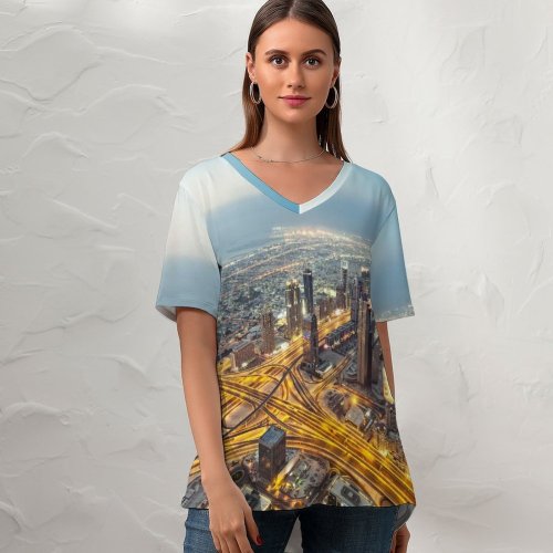 yanfind V Neck T-shirt for Women Dubai City Aerial Cityscape City Lights Exposure United Arab Emirates Skyscrapers High Summer Top  Short Sleeve Casual Loose