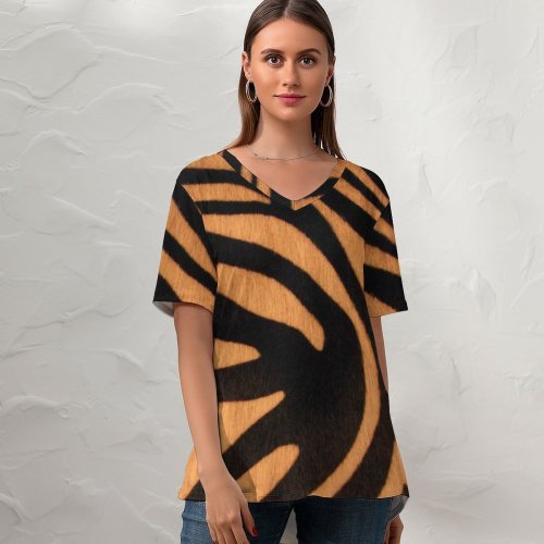 yanfind V Neck T-shirt for Women Savage Wildlife Fur Summer Top  Short Sleeve Casual Loose