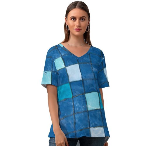 yanfind V Neck T-shirt for Women Tile Tiles Mosaic Fountain Aqua Ripple Reflection Bubble Abstract Shimmer Squares Oakland Summer Top  Short Sleeve Casual Loose