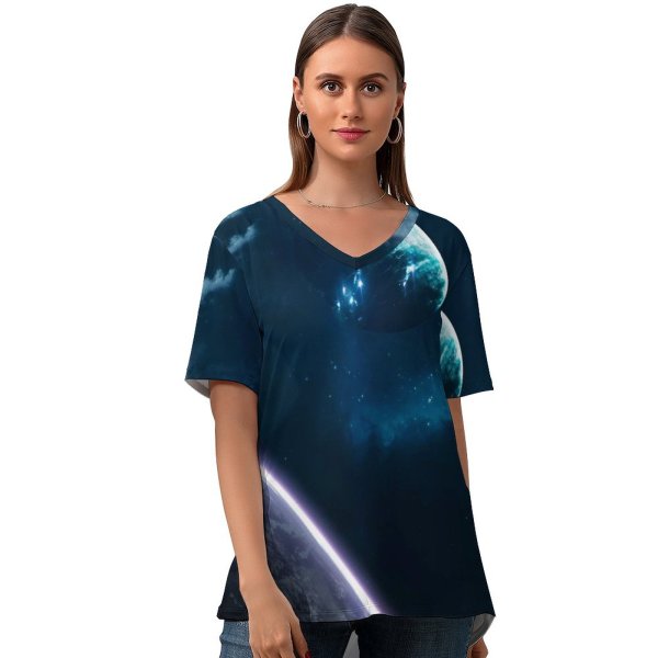yanfind V Neck T-shirt for Women Vadim Sadovski Space Planets Earth Galaxy Universe Stars Summer Top  Short Sleeve Casual Loose