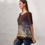 yanfind V Neck T-shirt for Women Trey Ratcliff National Centre for Performing China Light Glass Modern Architecture Dome Summer Top  Short Sleeve Casual Loose