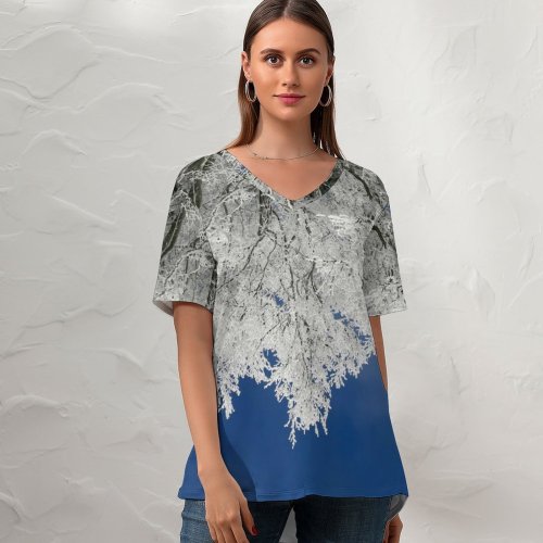 yanfind V Neck T-shirt for Women Christmas Structure HQ Frost Snow Sky Wallpapers Outdoors Tree Free Winter Summer Top  Short Sleeve Casual Loose