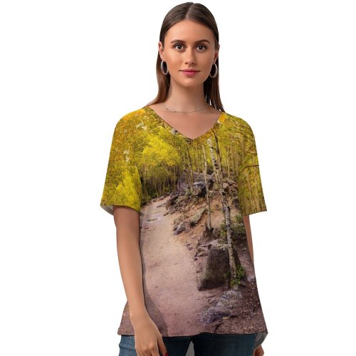 yanfind V Neck T-shirt for Women Collins Aspen Trees Pathway Forest Rocks Trails Beautiful Summer Top  Short Sleeve Casual Loose
