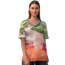 yanfind V Neck T-shirt for Women Alumínio Land Landscape Aerial Wallpapers Mountain Outdoors Scenery Santiago Free Av. Summer Top  Short Sleeve Casual Loose