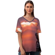yanfind V Neck T-shirt for Women Cute Statue Sunset Summer Top  Short Sleeve Casual Loose