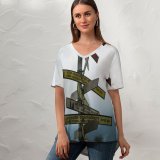 yanfind V Neck T-shirt for Women Blimp Flora Airship Sky Wallpapers Plant Tree Free Aircraft Road Winter Summer Top  Short Sleeve Casual Loose