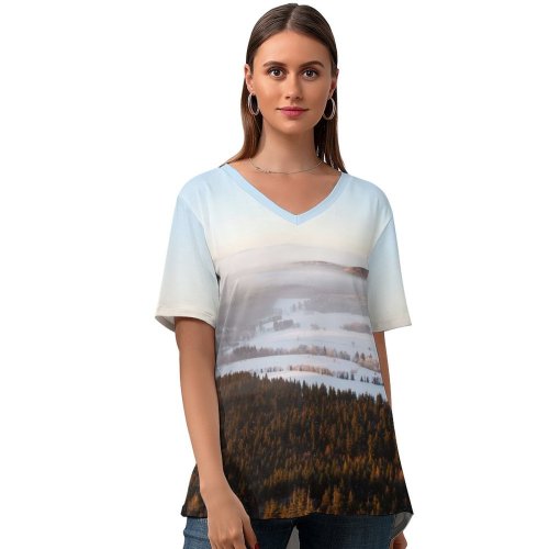yanfind V Neck T-shirt for Women Stolowe Mountains National Park Foggy Mist Landscape Winter Poland Summer Top  Short Sleeve Casual Loose