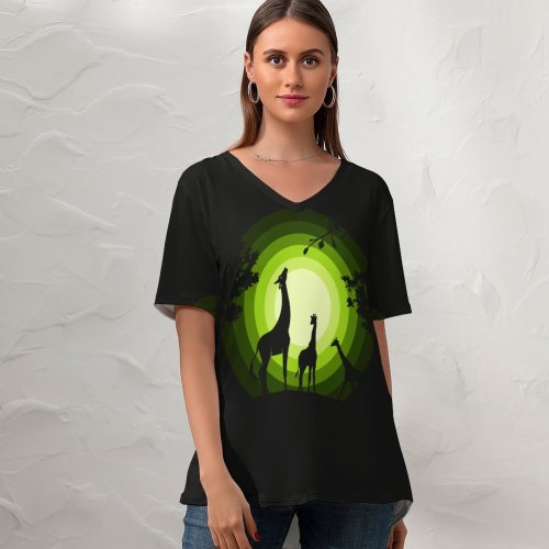 yanfind V Neck T-shirt for Women Suryapraveen Dark Minimal Giraffe Cubs Silhouette Forest Moon Summer Top  Short Sleeve Casual Loose
