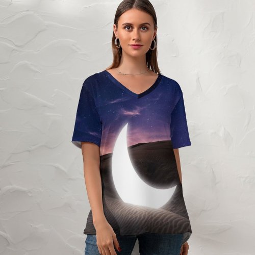 yanfind V Neck T-shirt for Women Sagar Subbaiah Half Moon Fallen Desert Starry Sky Evening Dawn Sunset Summer Top  Short Sleeve Casual Loose