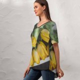 yanfind V Neck T-shirt for Women Bouquet Daffodil Floral Iris Spring Petal Word Wallpapers Plant Decor Tulip Summer Top  Short Sleeve Casual Loose