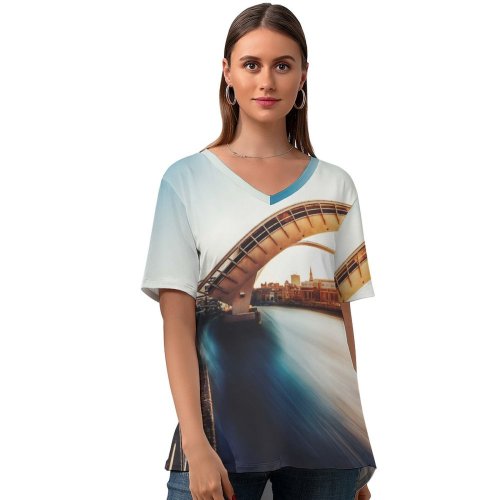 yanfind V Neck T-shirt for Women Gateshead Millennium Bridge United Kingdom Landmark River Tyne Exposure Sunset Boat Curve Summer Top  Short Sleeve Casual Loose