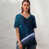 yanfind V Neck T-shirt for Women Vadim Sadovski Space Earth Planet Gateway Rocket Stars Asteroids Purple Light Summer Top  Short Sleeve Casual Loose