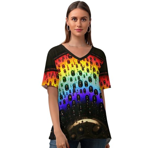 yanfind V Neck T-shirt for Women Michael Gillett Rainbow CD Droplets Macro Dark Summer Top  Short Sleeve Casual Loose