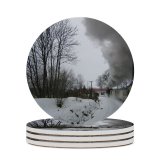 yanfind Ceramic Coasters (round)  Locomotive Train Trees Winter Snow Snowy Grey Countryside Landscape Bushes Freezing Family Game Intellectual Educational Game Jigsaw Puzzle Toy Set