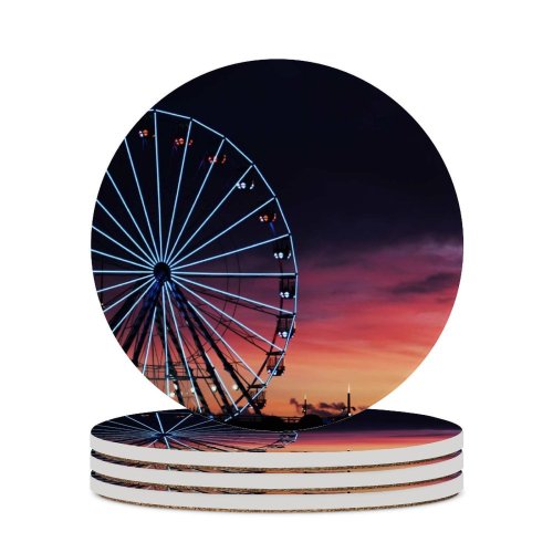 yanfind Ceramic Coasters (round) Black Dark Ferris Wheel Silhouette Sunset Neon Lights Amusement Park Purple Sky Family Game Intellectual Educational Game Jigsaw Puzzle Toy Set