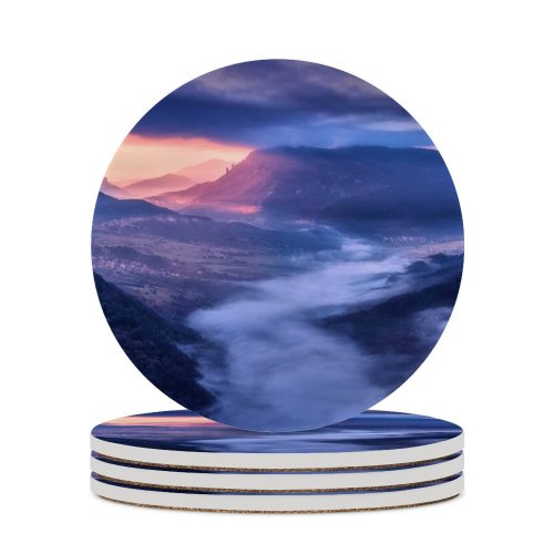 yanfind Ceramic Coasters (round) Mountains Sunrise Scenic Early Morning Countryside Village Sunlight Hill Station Clouds Foggy Family Game Intellectual Educational Game Jigsaw Puzzle Toy Set