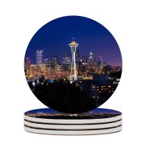 yanfind Ceramic Coasters (round) Youen California Space Needle Seattle Washington Cityscape City Lights Night Time Skyscrapers Family Game Intellectual Educational Game Jigsaw Puzzle Toy Set