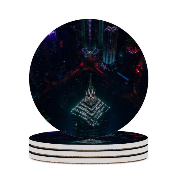 yanfind Ceramic Coasters (round) Black Dark Skyscrapers Shanghai Cityscape Aerial Night City Lights Family Game Intellectual Educational Game Jigsaw Puzzle Toy Set